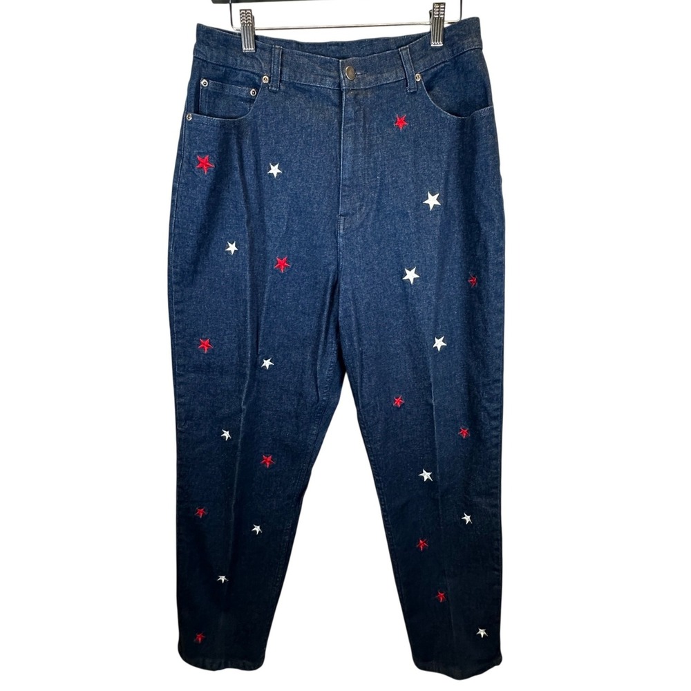 Quacker Factory Womens Blue Star Embroidered High Rise Denim Jeans Size 14